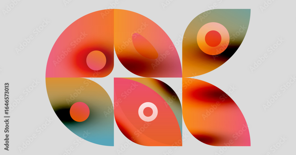 Poster abstract colorful shapes overlap, creating dynamic composition. gradient hues blend, forming modern 