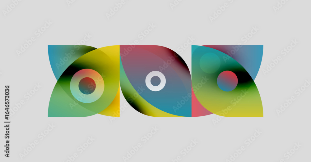 Poster abstract colorful design featuring overlapping shapes, circles, gradients. letters spell one within 