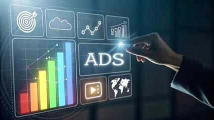 Hand touches digital ads interface touching