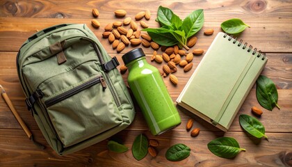 Healthy Lifestyle Essentials Laid Out on Wood, A Backpack, Smoothie, and Notebook Ready for a Productive Day