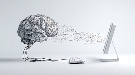 A digital brain made of circuits and data streams on a white background
