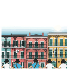 Naklejka premium Illustration depicts a line of people holding hands in front of vibrant, colorful buildings.