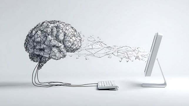 A digital brain made of circuits and data streams on a white background