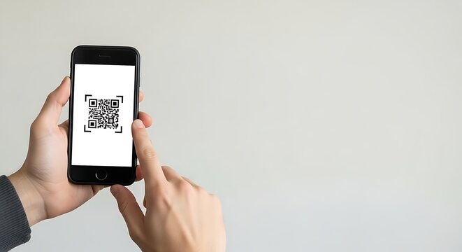 QR code payment scan on smartphone screen with copy space area