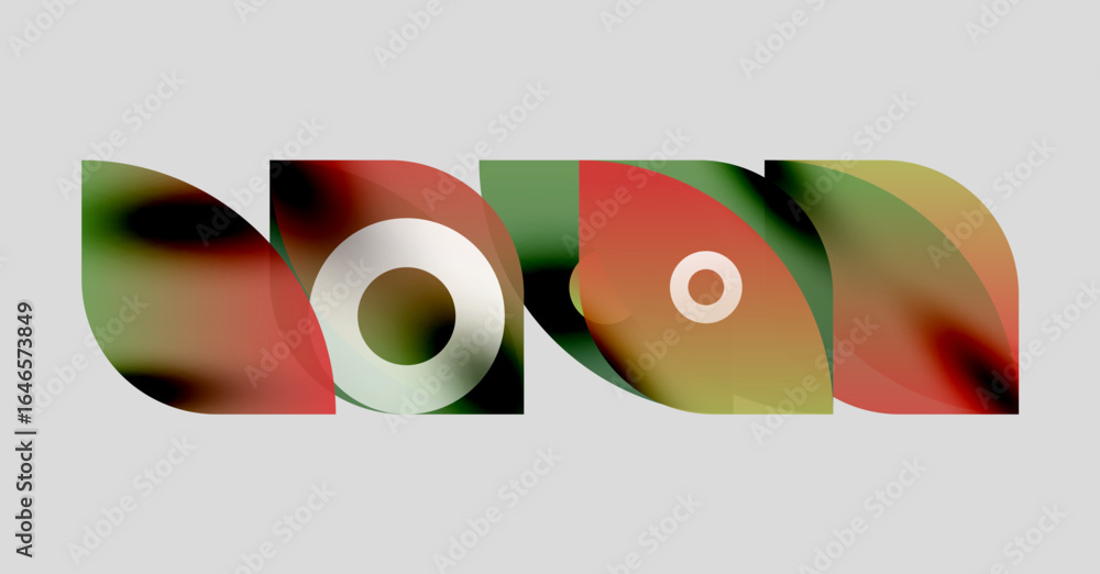 Poster abstract design features overlapping colorful shapes. circles, ovals create dynamic composition on g