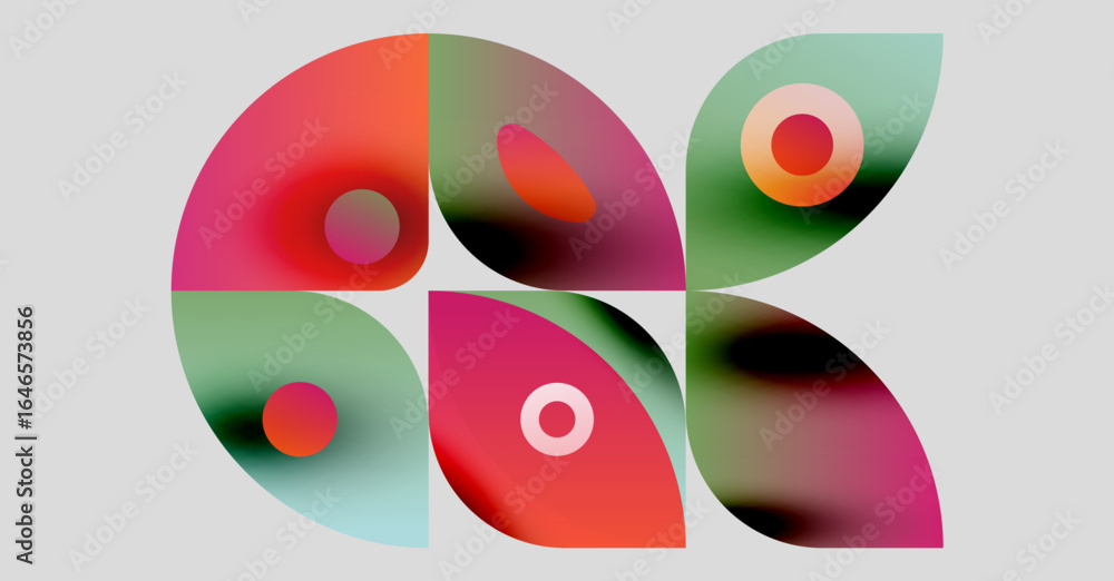 Poster abstract colorful shapes overlap, creating dynamic composition. gradient hues blend, forming modern 