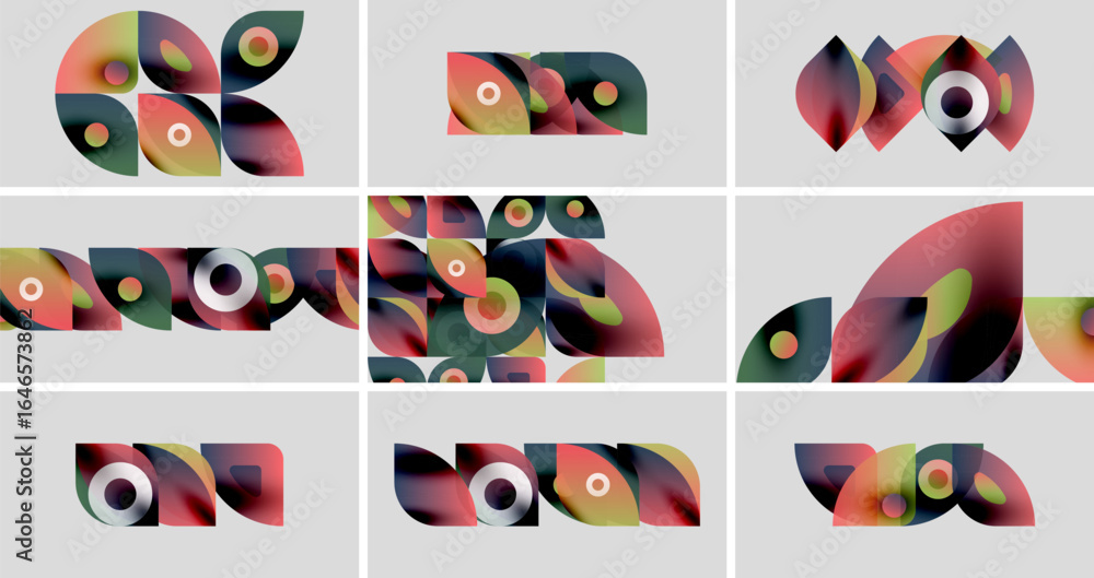 Poster abstract colorful shapes arranged in grid. overlapping circles, curves create dynamic visual pattern