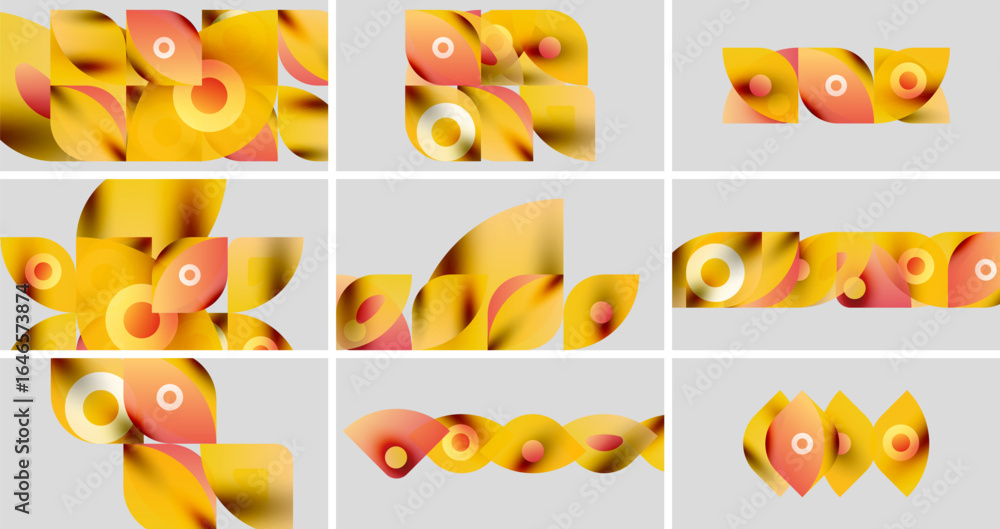 Poster abstract geometric shapes, warm colors dominate. overlapping circles, curves create dynamic composit