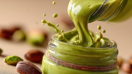 Pistachio butter: The delicious image of pistachio butter, a rich, green, and creamy nut butter is cascading gracefully from a spoon. Generative AI