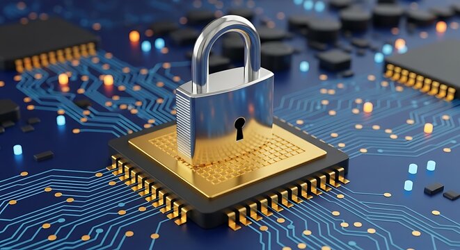 Padlock securing a microchip on a digital circuit board