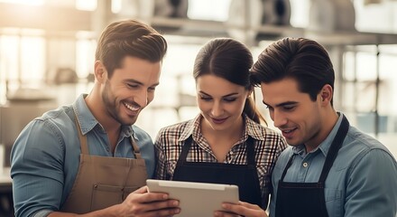 Smiling Baristas Reviewing Tablet Together in Cafe with Warm Lighting