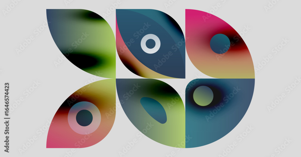 Poster abstract shapes overlap, creating colorful petallike forms. gradient hues blend, forming dynamic vis
