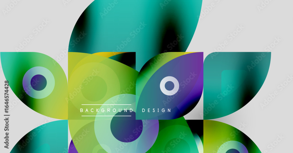Poster abstract geometric shapes, vibrant colors, modern design. overlapping circles, squares create dynami