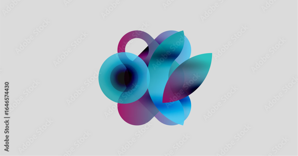 Poster abstract colorful shapes overlap, creating dynamic visual effect. soft gradients blend blues, purple
