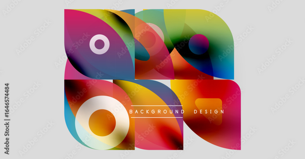 Poster abstract colorful shapes overlap, creating dynamic composition. vibrant gradients blend, forming mod