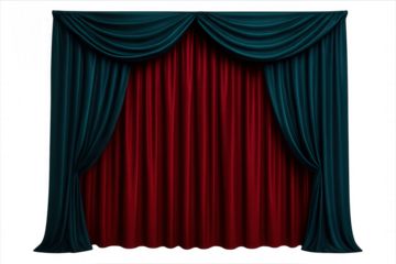Luxurious red and teal velvet curtains hanging with elegant folds, highlighting stage design and theatrical ambiance against transparent backdrop