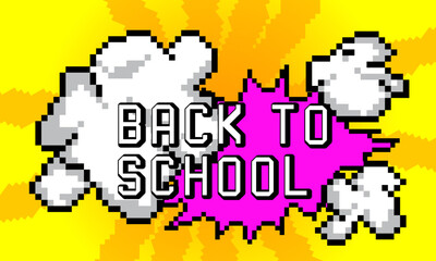 Fototapeta premium Back to School pixelated word with geometric graphic background. Vector cartoon illustration.