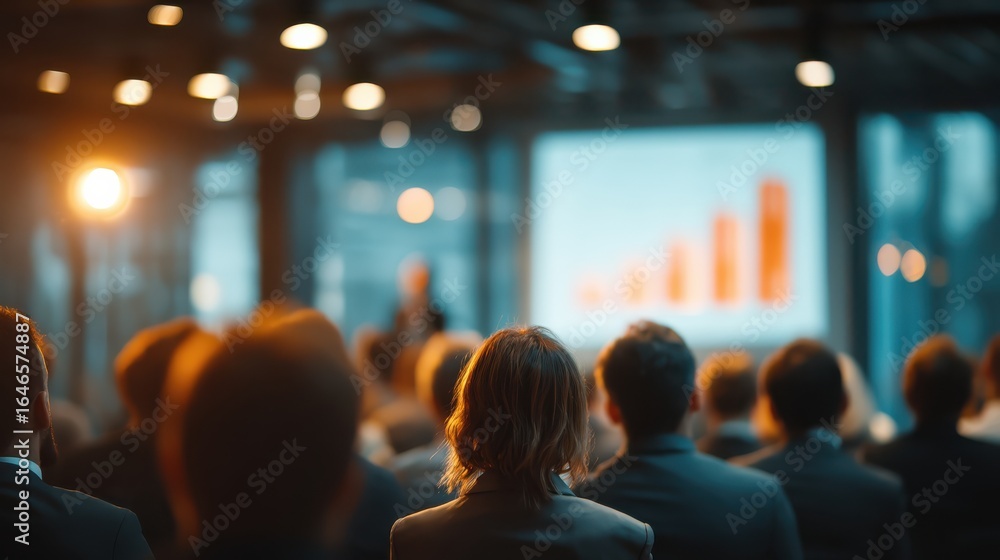 Poster a crowd of individuals attentively watching a presentation, with a focus on a graph displayed on a s