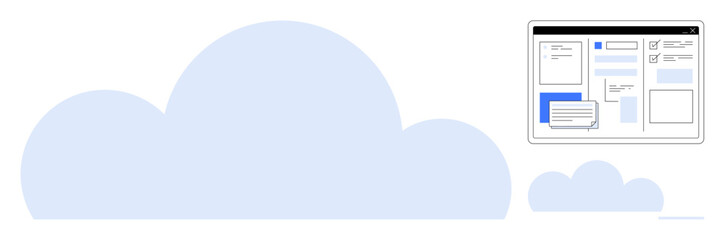 Large blue cloud with a smaller cloud connected to a digital dashboard layout, showcasing document organization, online collaboration, and data sync. Ideal for teamwork, innovation, data management