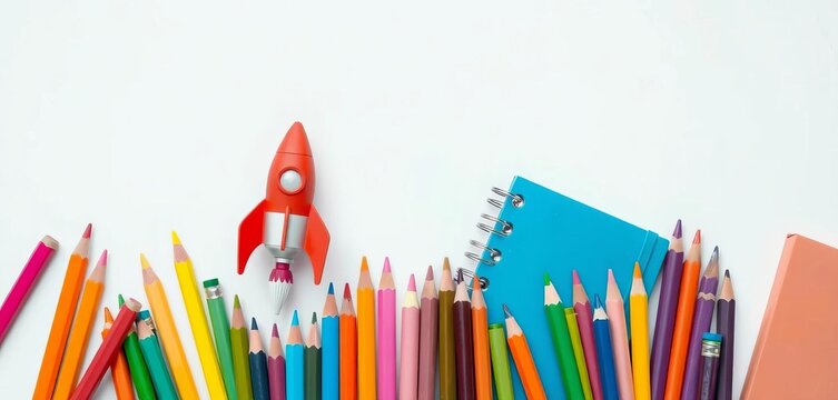 Bright toy rocket surrounded by colorful pencils, crayons, and notebooks on a pristine white background, classroom, simple background