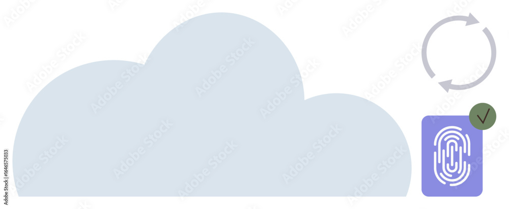 Poster abstract cloud shape, biometric fingerprint verification with a checkmark, and circular synchronizat
