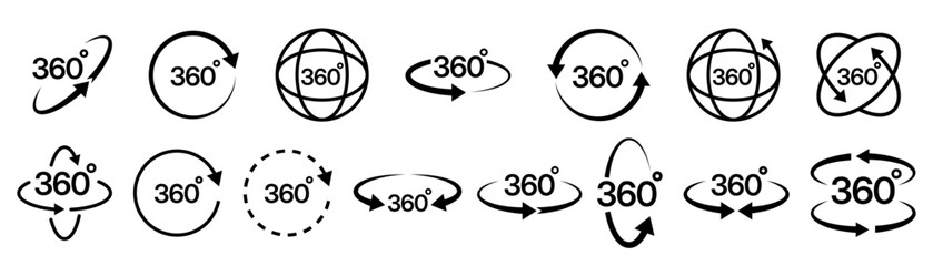 360 degrees vector icon set. Round signs with arrows rotation to 360 degrees. 360 degree complete angle or a full angle. 360 degrees logo, label, badge, symbol, banner, circle, black, line, isolated.