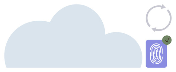 Abstract cloud shape, biometric fingerprint verification with a checkmark, and circular synchronization arrows. Ideal for technology, security, data storage, privacy, authentication, cloud computing