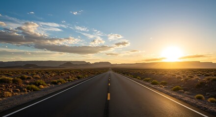 Fototapeta premium A long road stretching into the distance under a bright sunset sky