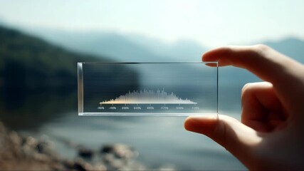 Hand holding a clear glass panel displaying audio waveform by a serene lake under a blue sky - Powered by Adobe