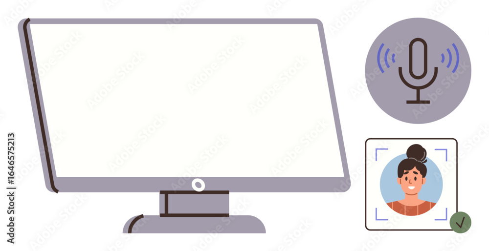 Poster desktop monitor with face scanning technology, voice recognition microphone, user authentication. id