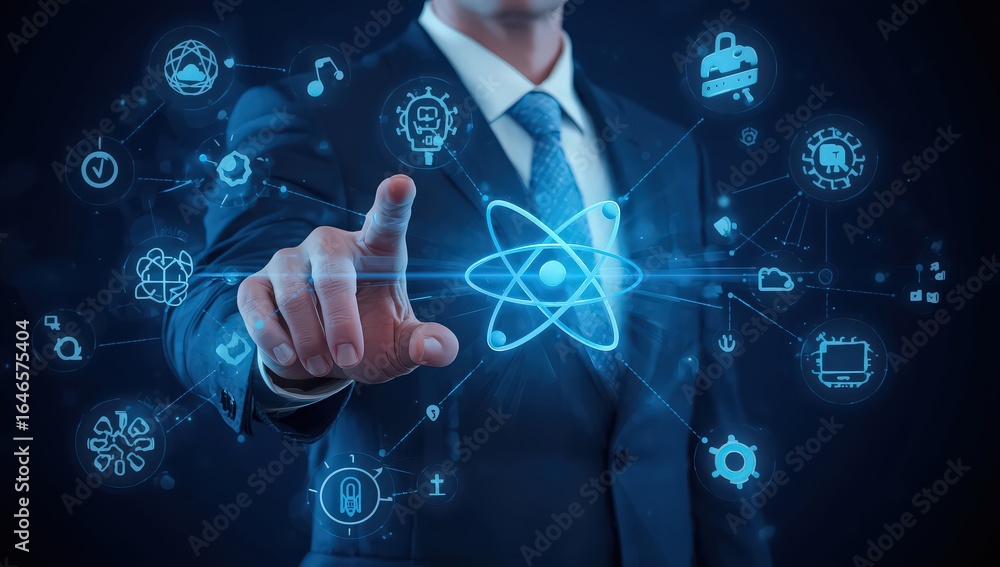 Poster a man in a suit pointing at a glowing atom surrounded by technology related icons on a dark backgrou