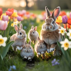 Adorable family of fluffy rabbits in a vibrant spring meadow with colorful tulips and daffodils.