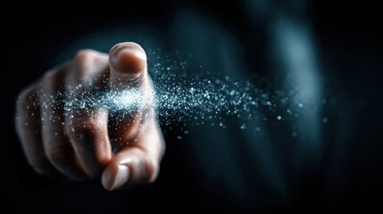 Touch of Innovation: A close-up shot showcasing a finger extended with digital particles emanating, capturing the essence of technological innovation, connection, and futurism.– Generative AI