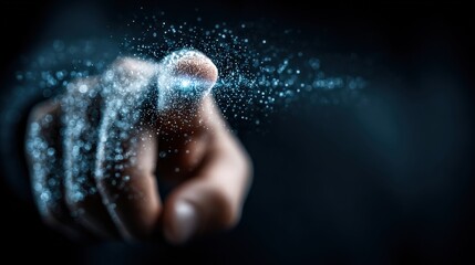 Digital Touch: A close-up shot of a hand emitting particles, symbolizing digital interaction, connectivity, and futuristic technology.– Generative AI
