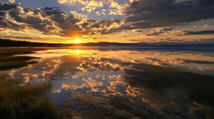 Fototapeta premium A scenic view of a sunset reflecting on a body of water with clouds and trees in the background