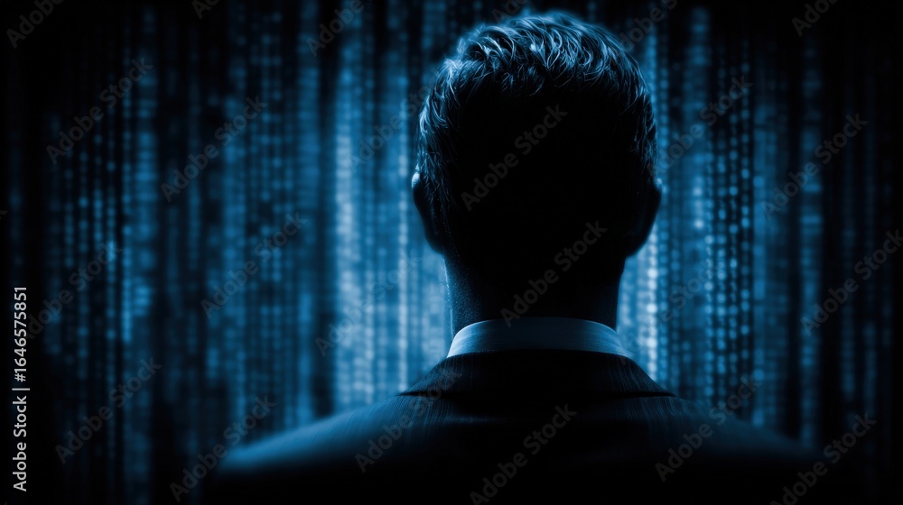 Poster cyber sentinel: a silhouette figure stands against a backdrop of binary code, a symbolic representat