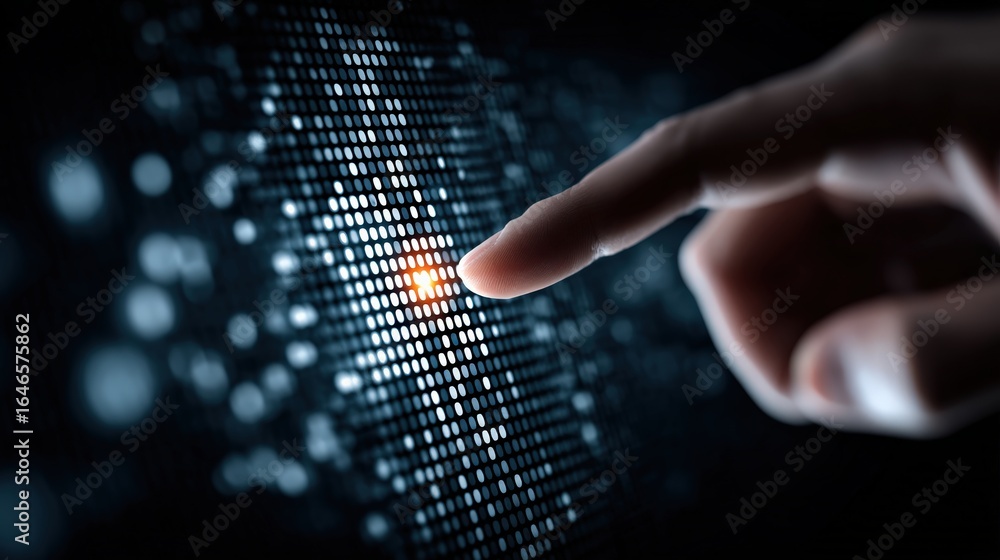 Poster digital interaction: a fingertip gently touches a vibrant, pixelated digital interface, symbolizing 