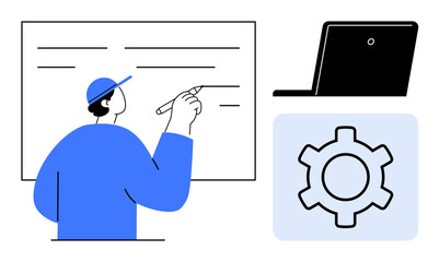 Person writing on a whiteboard, laptop and gear icon symbolizing collaboration, strategy, technology. Ideal for education, brainstorming, teamwork, project management, tech workflows productivity