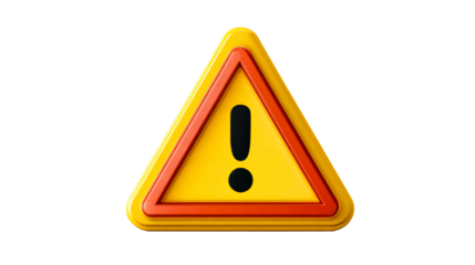 Yellow hazard triangle warning sign with black exclamation mark, cut out transparent