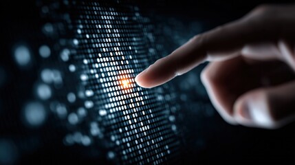 Digital Interaction: A fingertip gently touches a vibrant, pixelated digital interface, symbolizing interaction, technological advancement, and seamless data exploration.– Generative AI