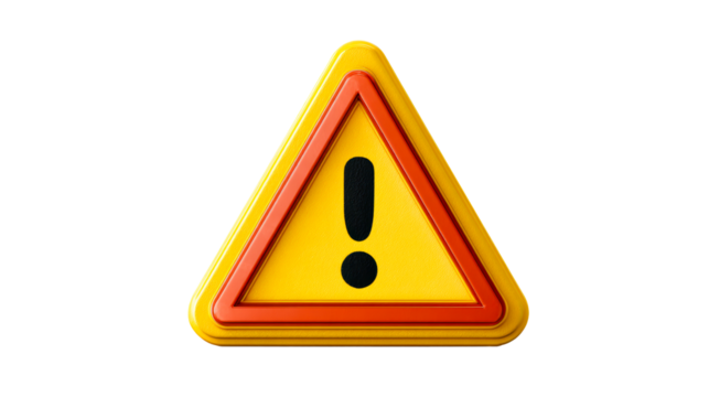 Yellow hazard triangle warning sign with black exclamation mark, cut out transparent