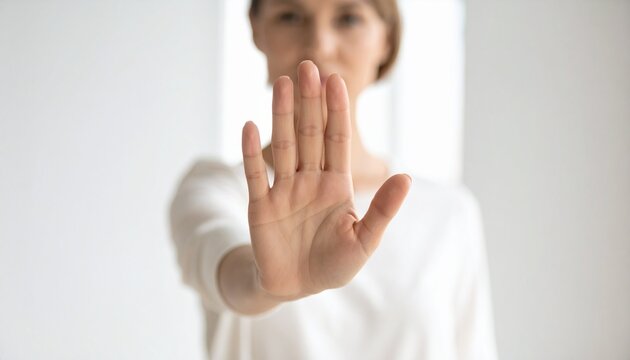 Mature woman in white shirt holds hand out in front of face, blurred, Woman holding up hand to stop, concept for NO, do not enter, refusal or restriction