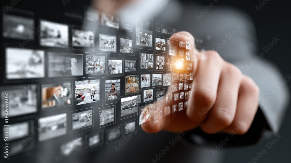 Fototapete digital interface: a close-up shot captures a person's hand as it interacts with a sleek digital int