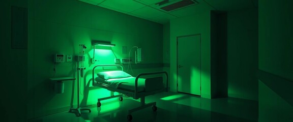 Eerie green glow emanates from an empty hospital bed, shadows dance on the walls,  ward,  sterile