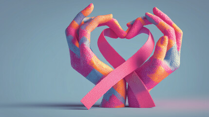 Colorful Hands Forming Heart Shape with Pink Ribbon - Breast Cancer Awareness Concept
