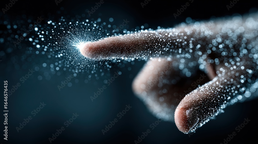 Poster magical touch: a close-up of a hand, seemingly summoning and interacting with ethereal particles, co