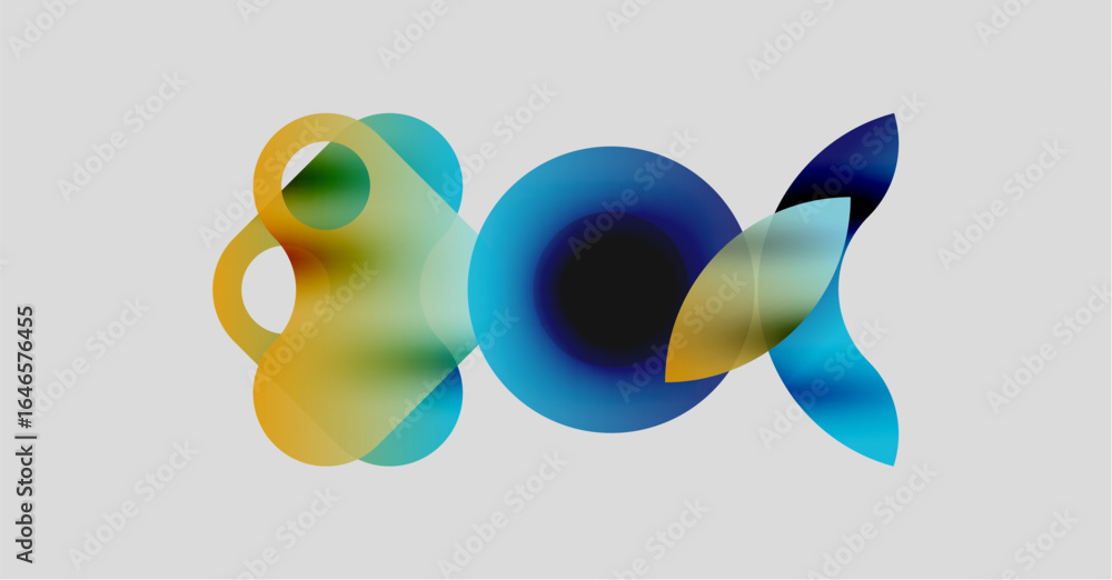 Poster abstract colorful shapes overlap, creating dynamic visual composition. soft gradients suggest fluidi