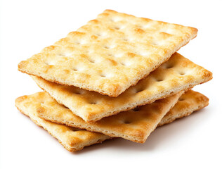 A close-up shot of a small pile of square creme crackers stacked against a plain white background. The crackers are golden-brown with small holes on their surface.