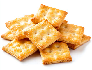 A close-up shot of a small pile of square creme crackers stacked against a plain white background. The crackers are golden-brown with small holes on their surface.
