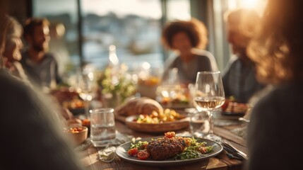 A warm gathering around a dinner table, featuring a beautifully plated meal, drinks, and joyful company, illuminated by soft sunlight.
